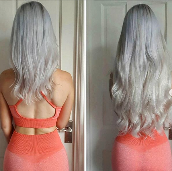 Lauren wearing the 20" Deluxe X-Treme - Ash Blonde (toned for a perfect match)